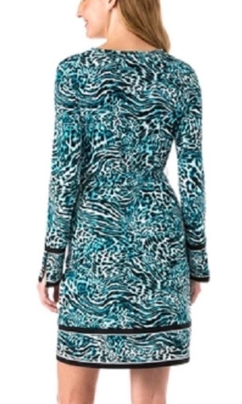 Michael Kors Women’s Dress Peacock Blue Animal Print Stretch Jersey Size L NEW