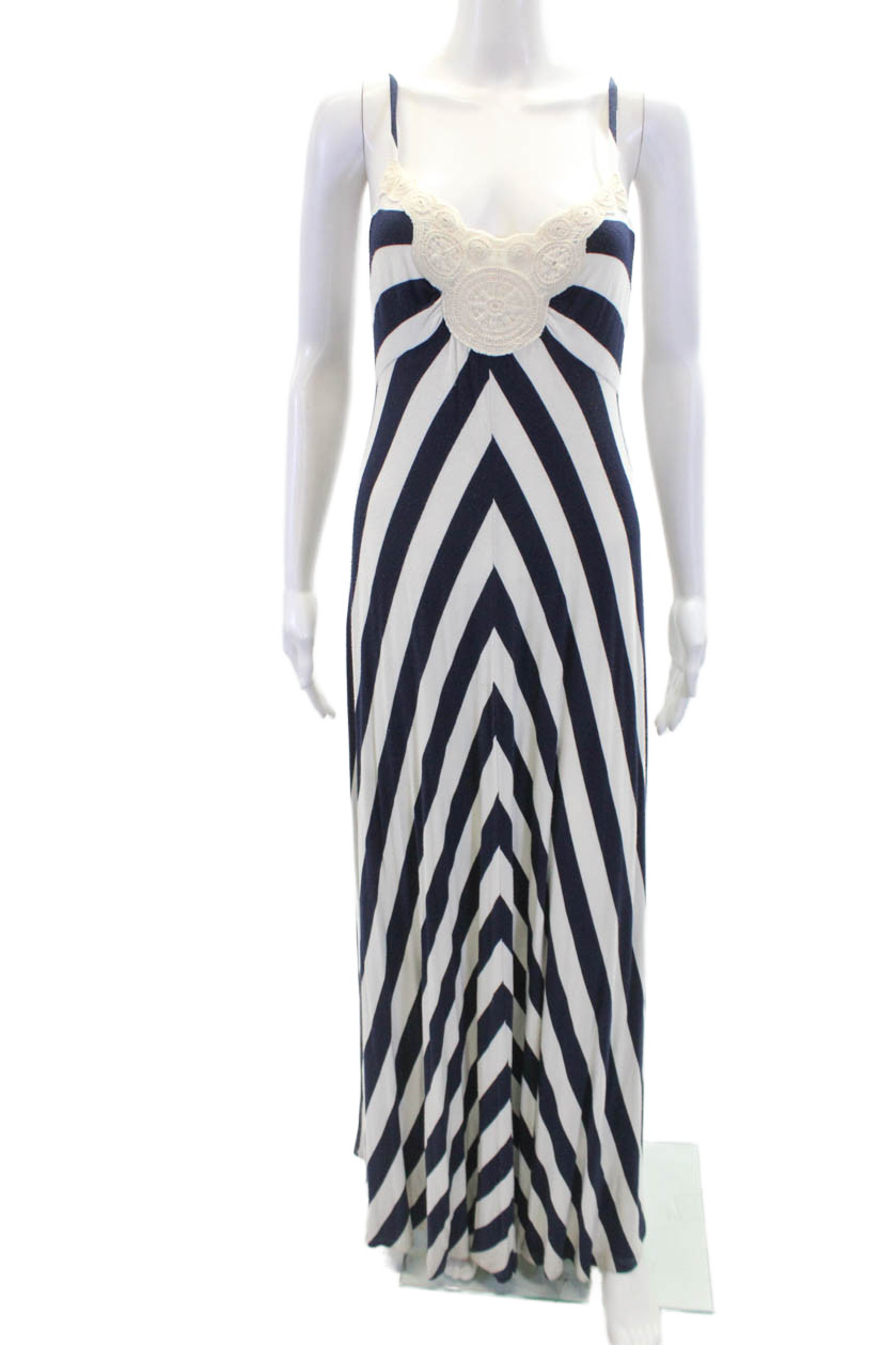 Ella Moss Lace Trim V Neck Striped Maxi Sundress Blue Size M
