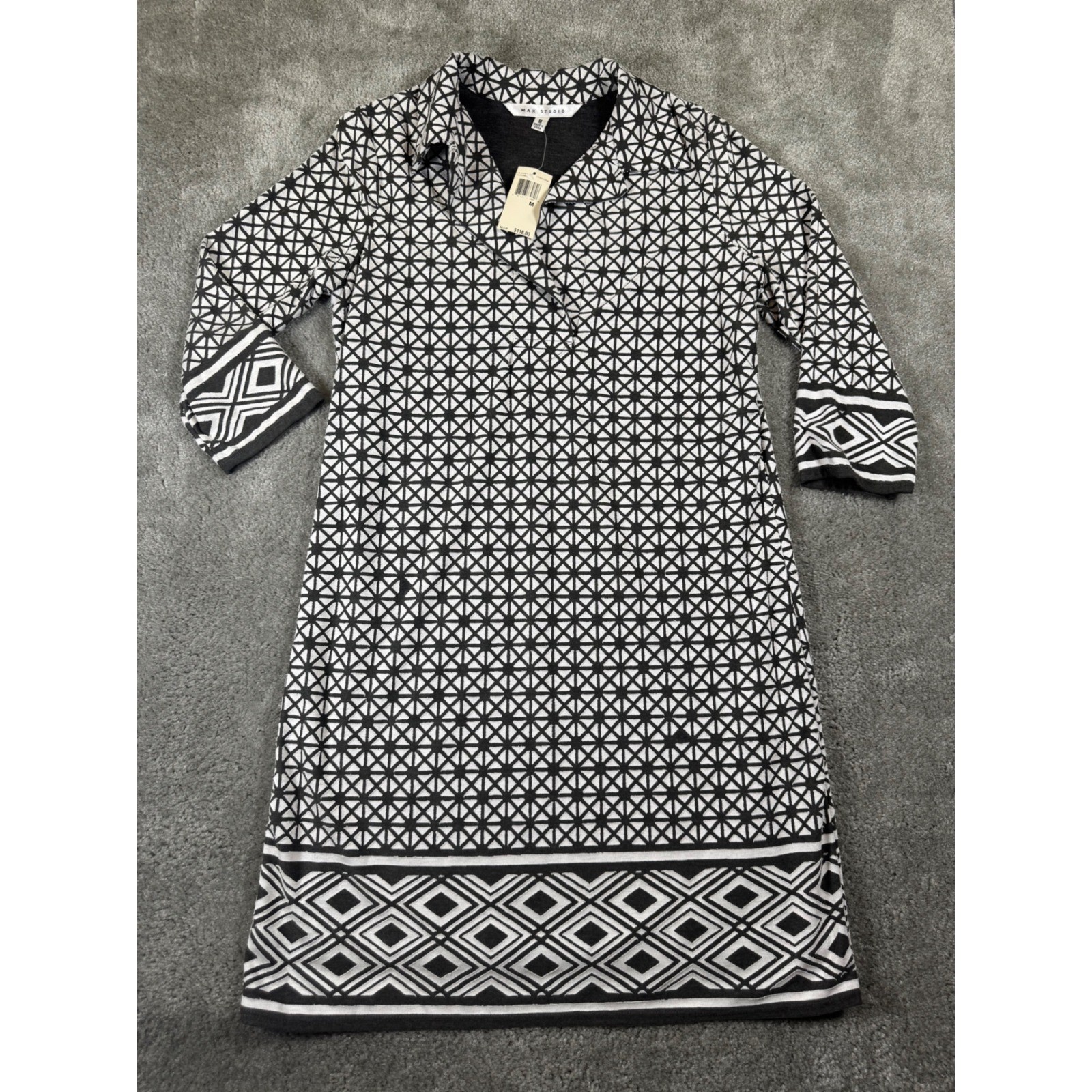 Max Studio Women Charcoal Cream Geometric Tile Print Shift Dress NWT 4910V67 M