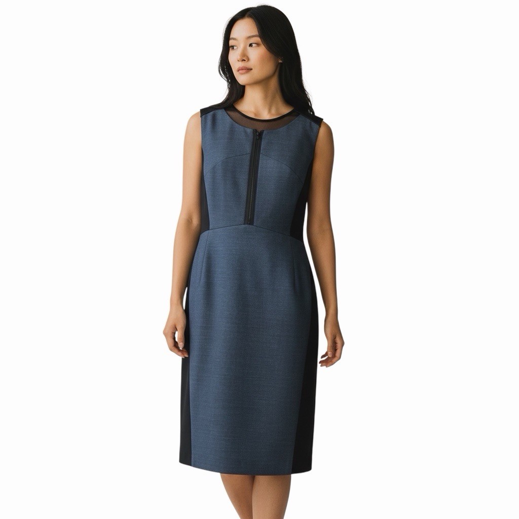 Elie Tahari Dark Blue Black Sleeveless Shift VNeck Zip Up Pencil Dress Size US 6