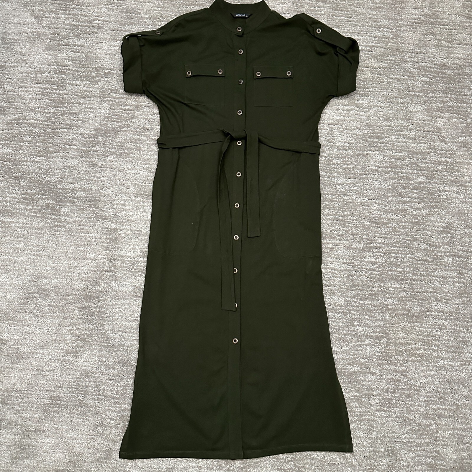eShakti Dress Womens Medium Green Belted Button Front Pockets Utility Shirt