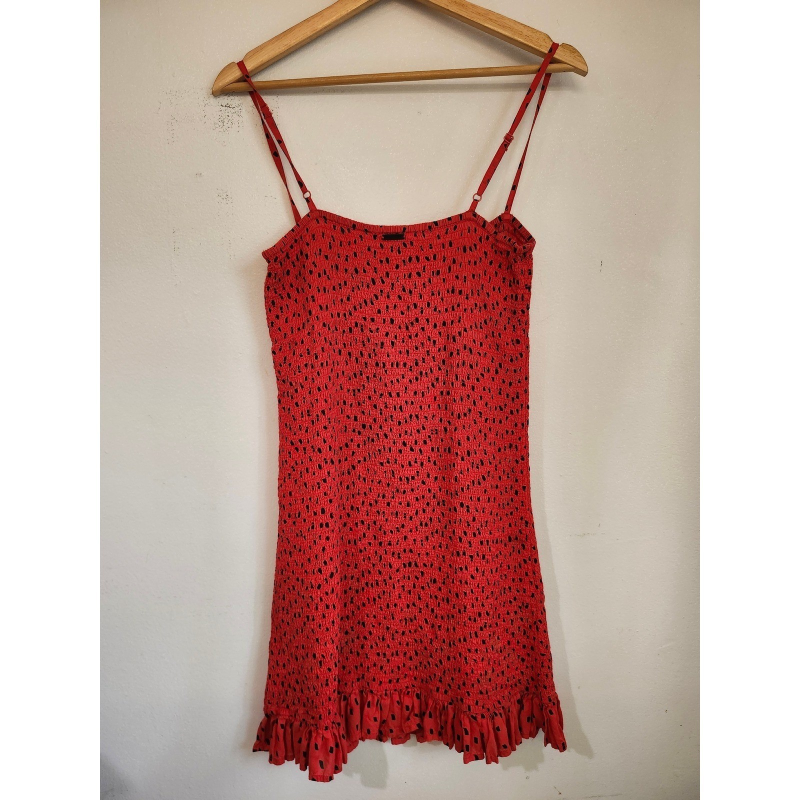 Billabong Sincerely Jules Playing For Keeps Red Polka Dot Smocked Mini Dress L