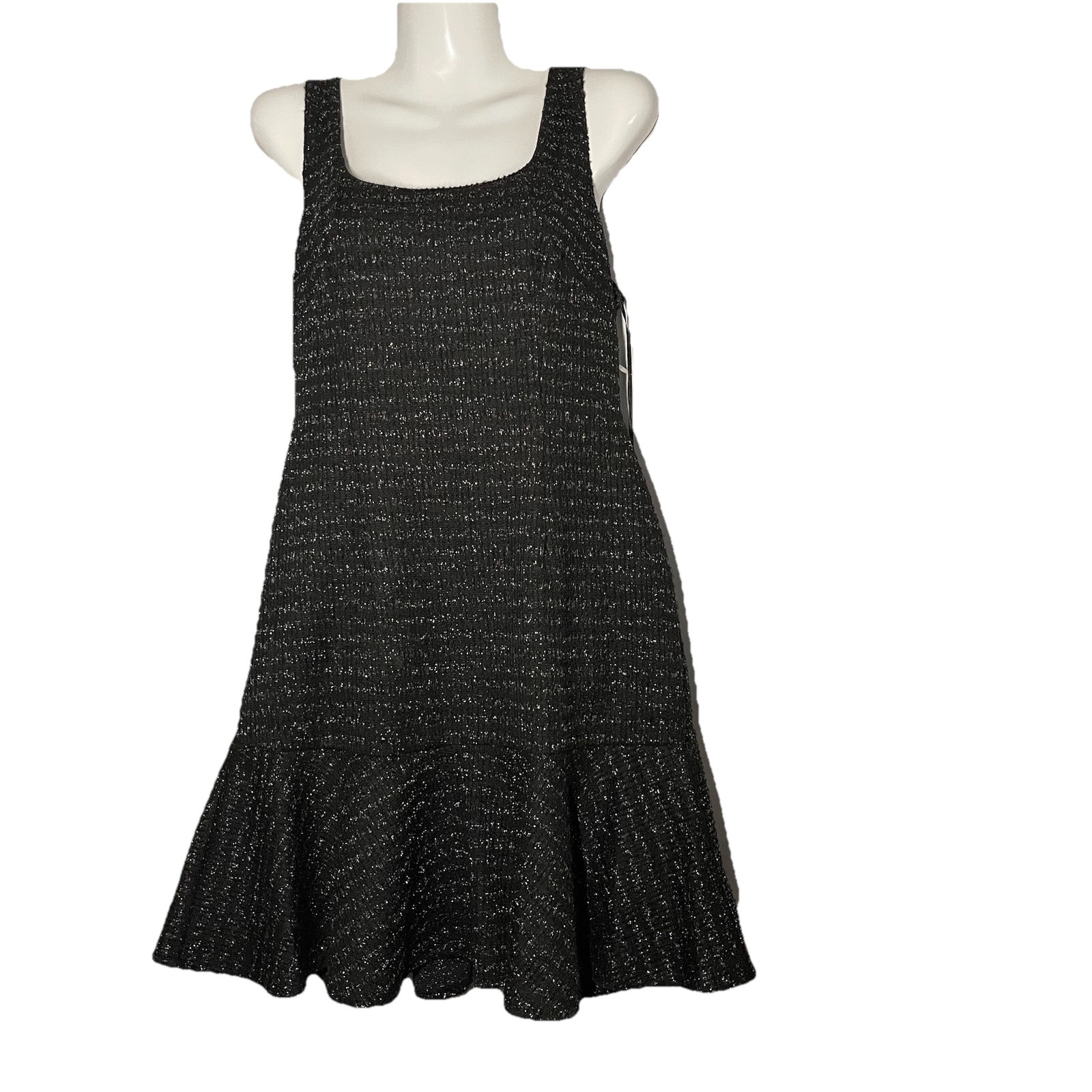 Taylor 2Pc Jacket/Shift Dress Set Size 6 Black Metallic Tweed Flounce Hem Money