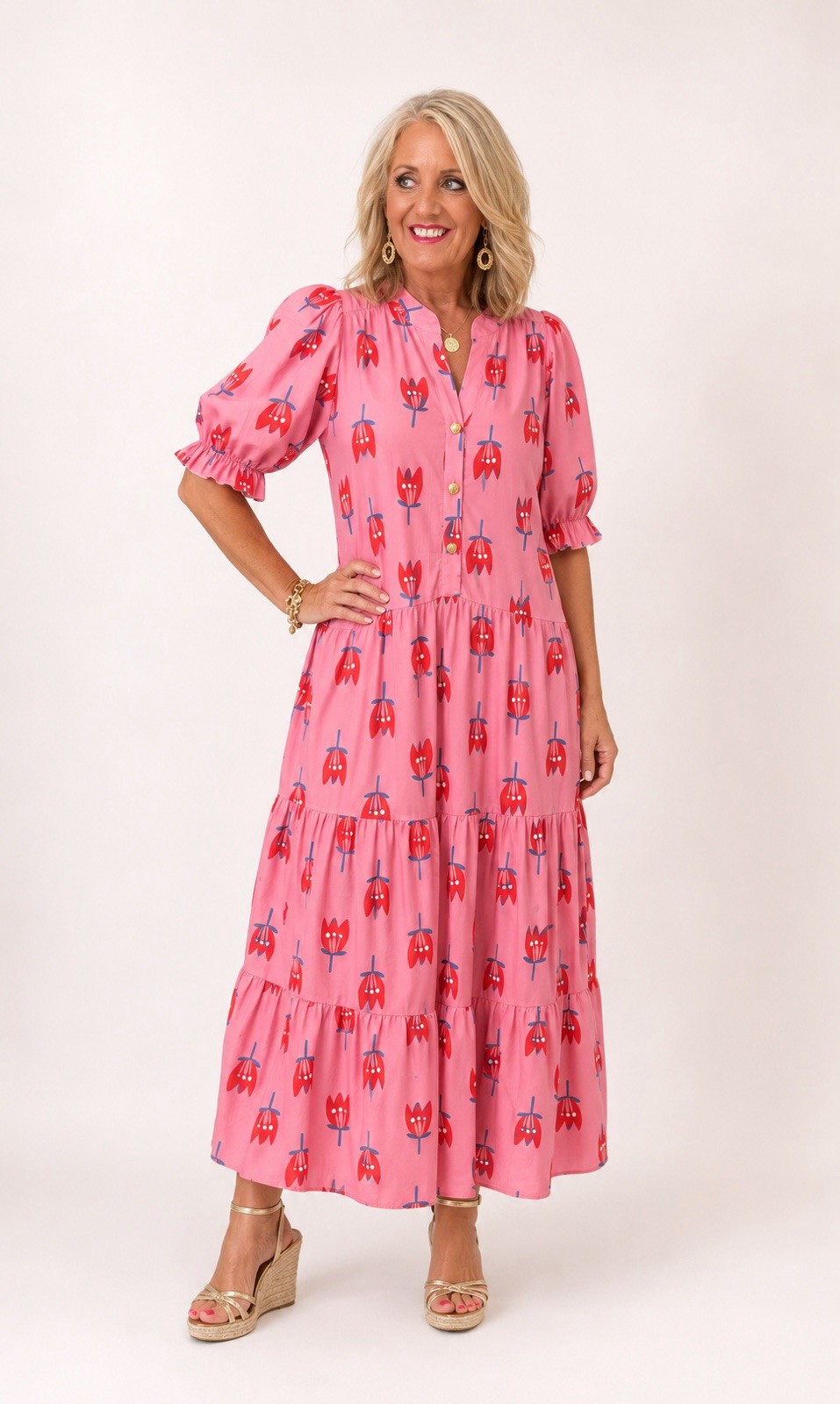 Pink Tulip Design Maxi Dress With Gold Button Detail Size Large NWOT
