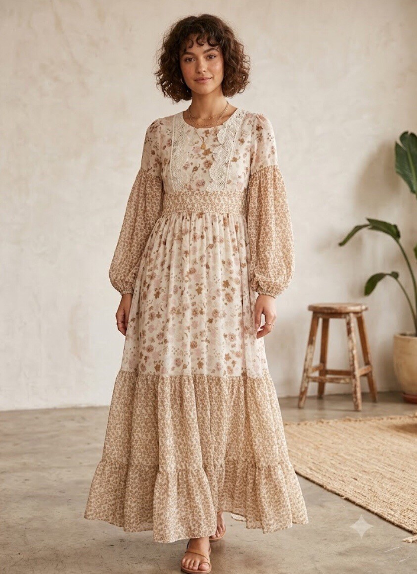 Joy Folie girls Maxi Dress Floral Tiered Ruffle Cream Sz12 Bohemian