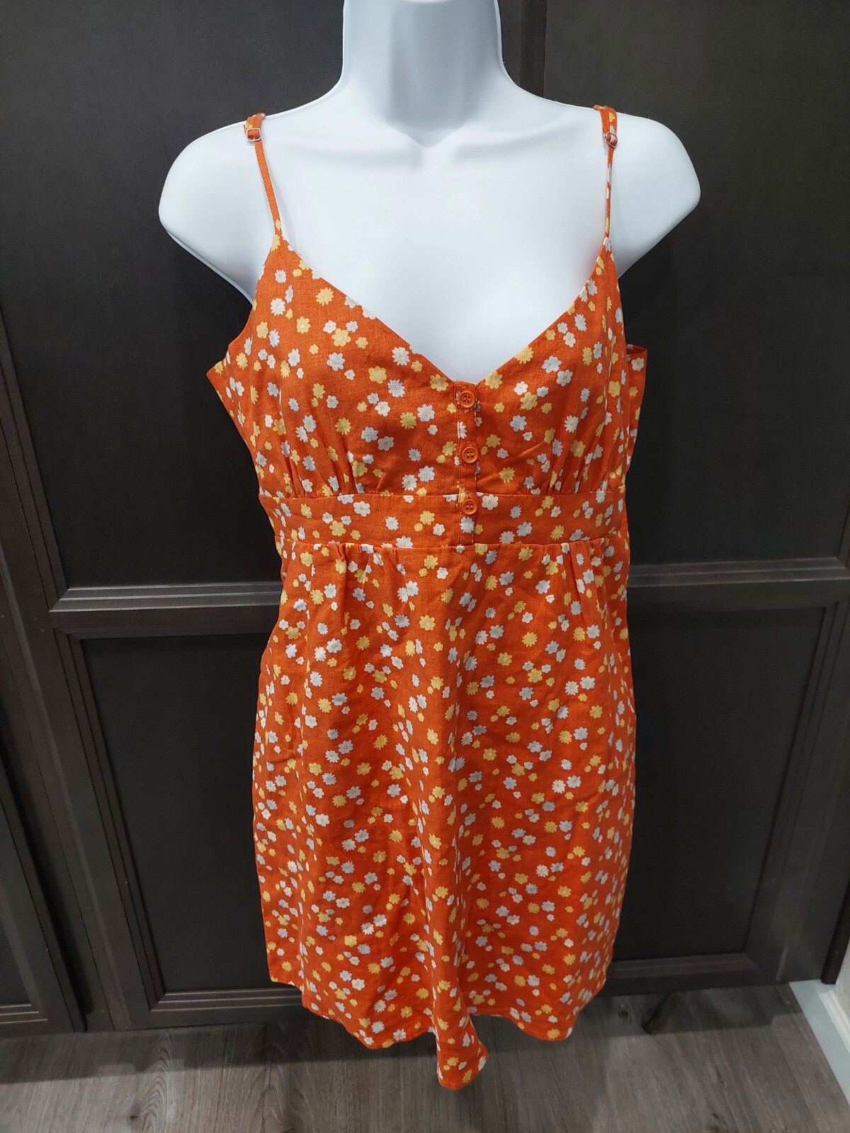 NEW Forever 21 Orange Sun Floral Spaghetti Strap Dress Size L Button Linen NWOT