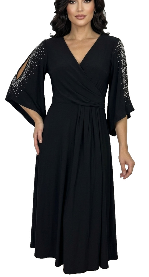 MSK Black Faux Wrap Dress Rhinestone Embellished Flared Sleeves Small Black NWOT