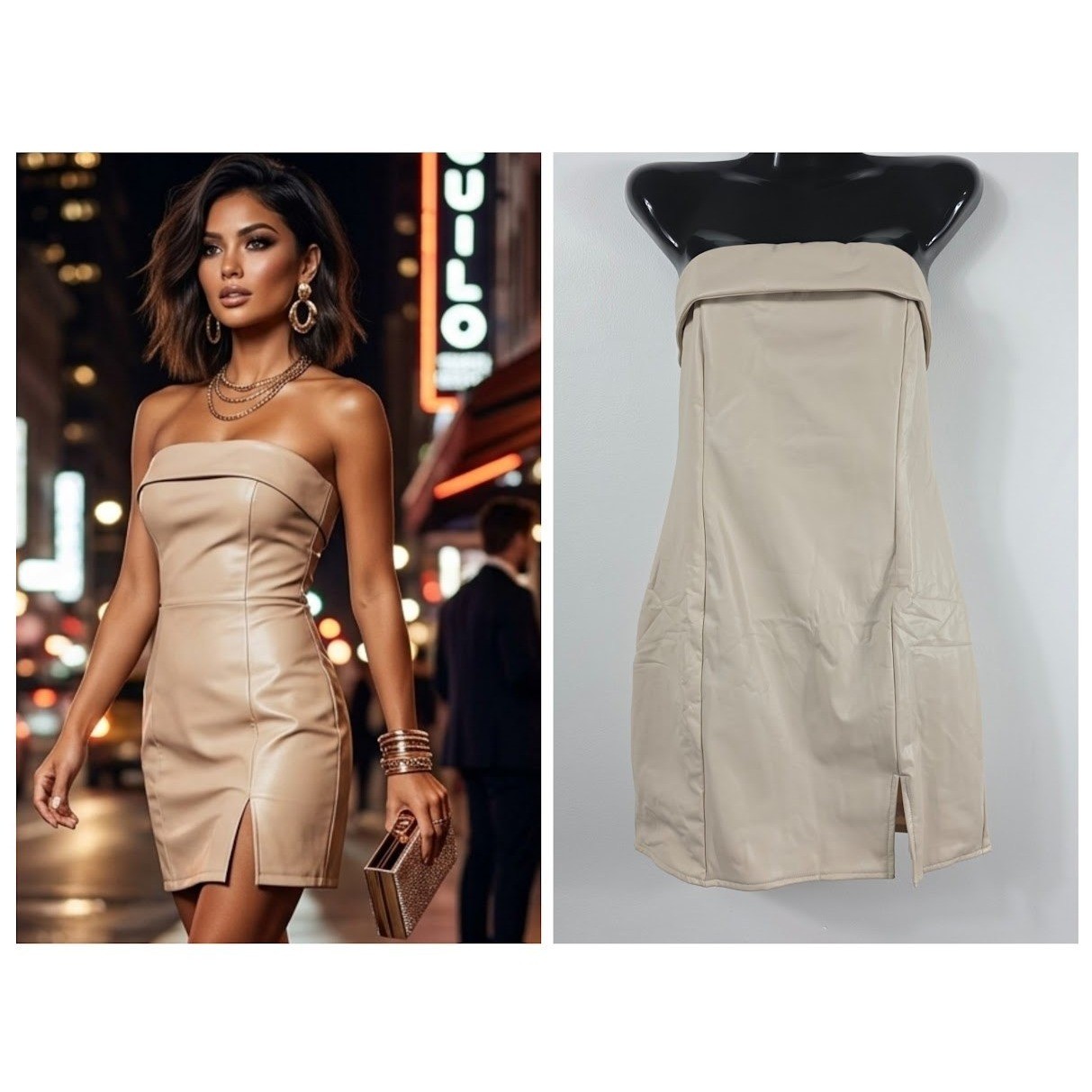 Sky to Moon Strapless Faux Leather Mini Dress Womens L Tan Bodycon Party Club
