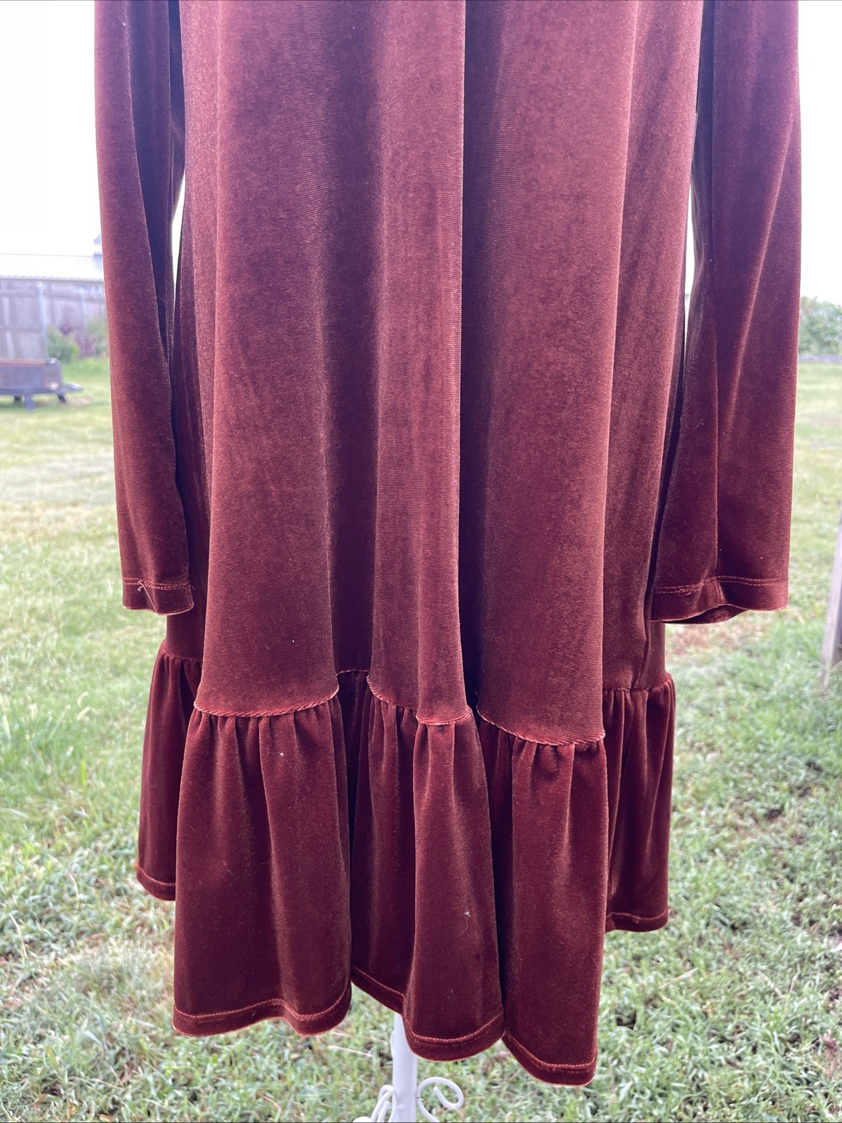 Taylor Velvet Trapeze Dress Rust Copper Long Sleeve Ruffle Hem Mini Boho S