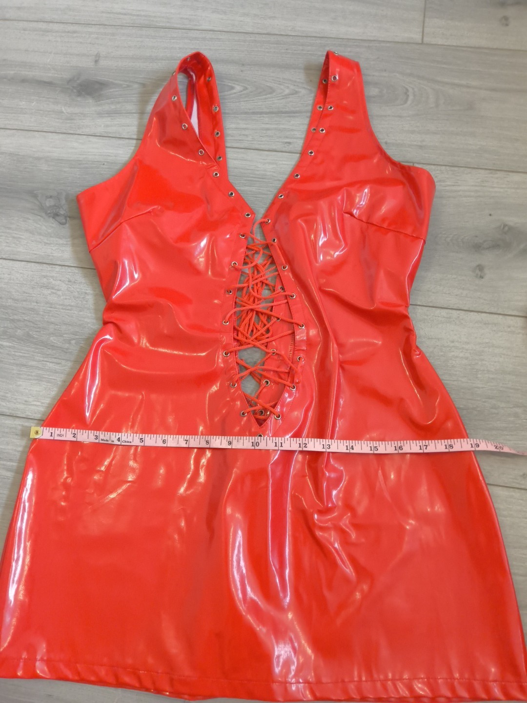 BNWOT Bright Red PVC Plunge Neck Lace Up Front & Back Bodycon Dress Size 10-14