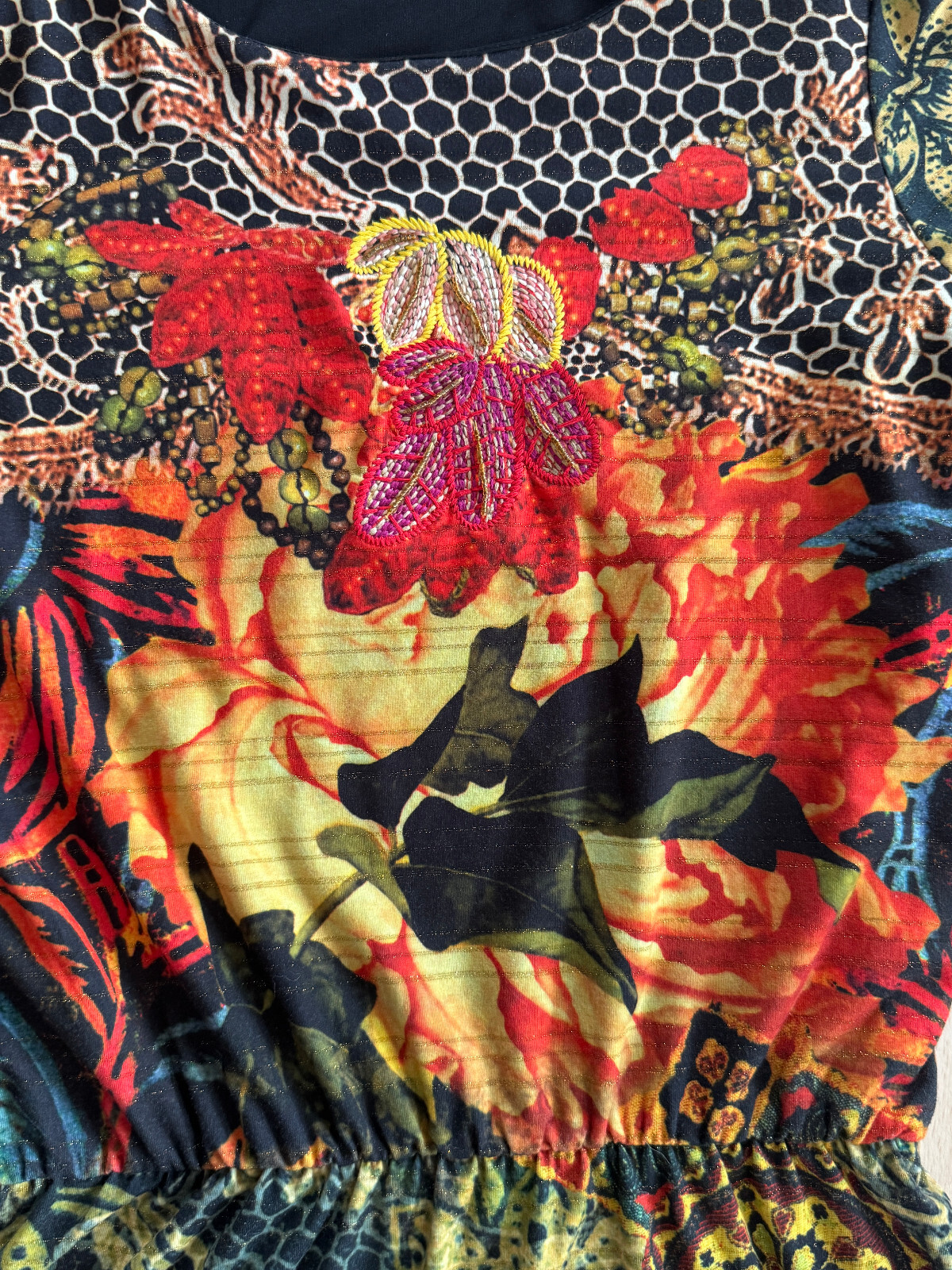 DESIGUAL by CHRISTIAN LACROIX Embroidered Floral Print Dress Beaded Belt Size S