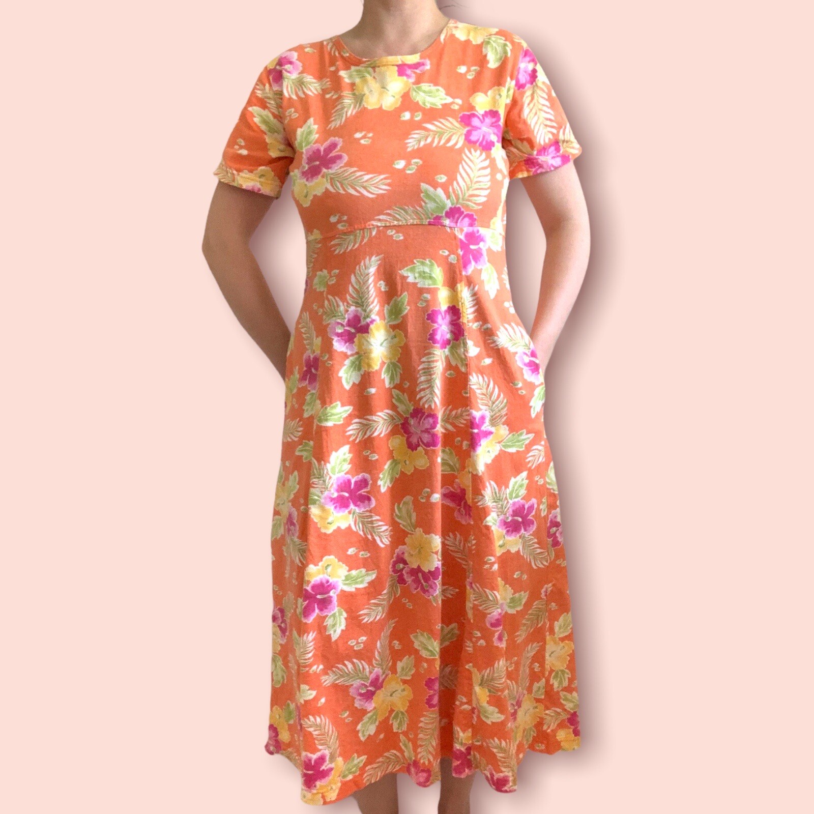 Vintage 1990s Capacity Knits Orange Tropical Floral Maxi Dress Size Medium
