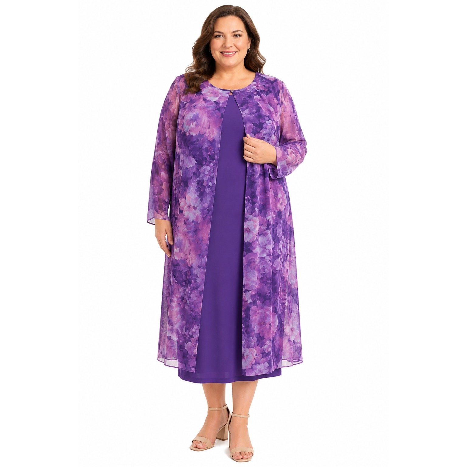 Vintage 90s Vicki Wayne Purple Floral Dress & Sheer Jacket Plus Size 20W