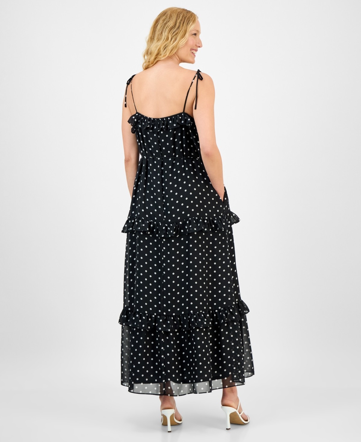 Julia Jordan Tie-Strap Ruffle-Tier Maxi Dress Women’s XL Black White Polka Dots