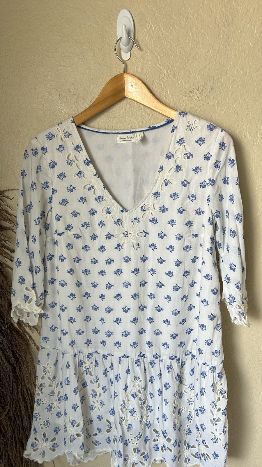 Meadow Rue White & Blue Floral Eyelet Mini Dress