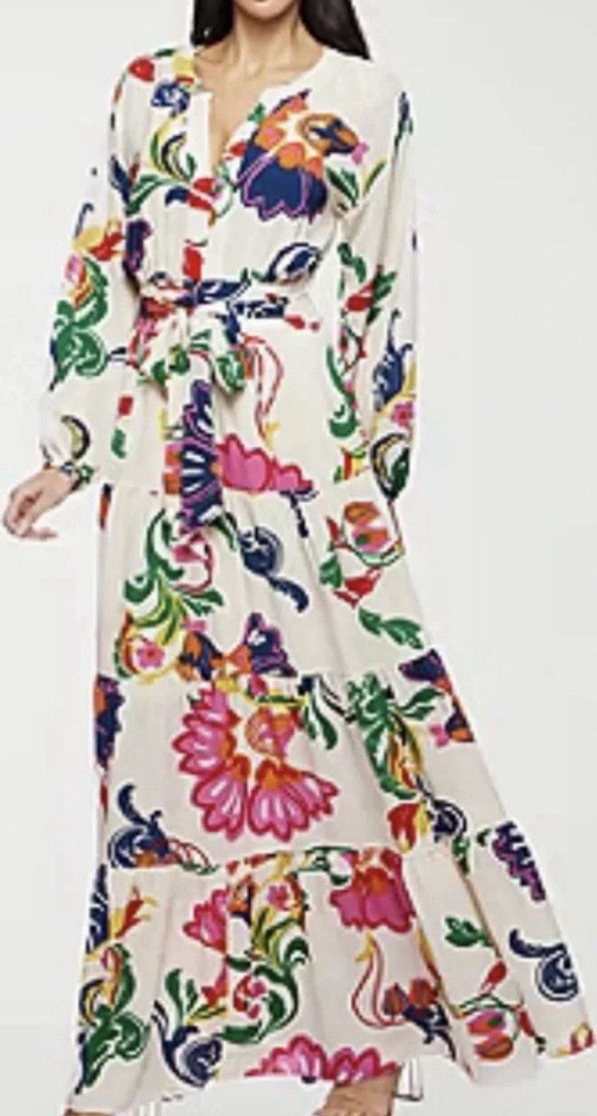 Premier& Amour Ivory Multicolor Floral Long Sleeve Tie Waist Maxi Dress 12