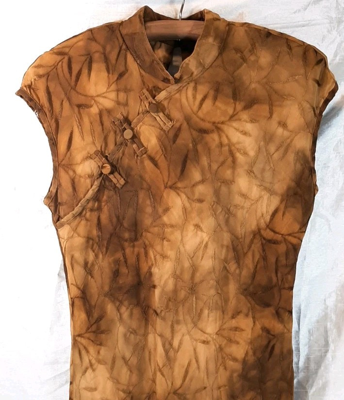 VTG MICHAEL BLAIR Sz14 Oriental Cheongsam Qipao Maxi Dress Mandarin Collar Brown