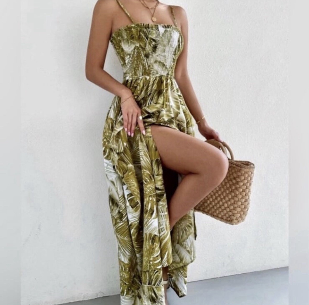 Tropical Maxi Dress, Smocked Bodice, Adjustable Straps, Slit NEW Size Large