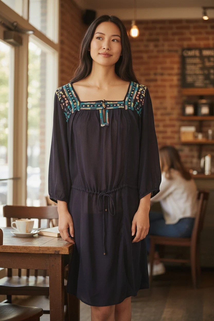 Monsoon Navy Embroidered Summer Dress UK 16 Sequin Detail Boho Tunic Beach Holid
