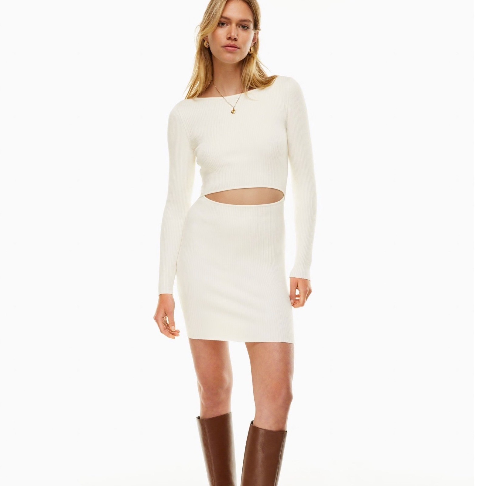 Wilfred Free Cut-Out Long Sleeve Knit Mini Dress S Heather Birch Ribbed NWT