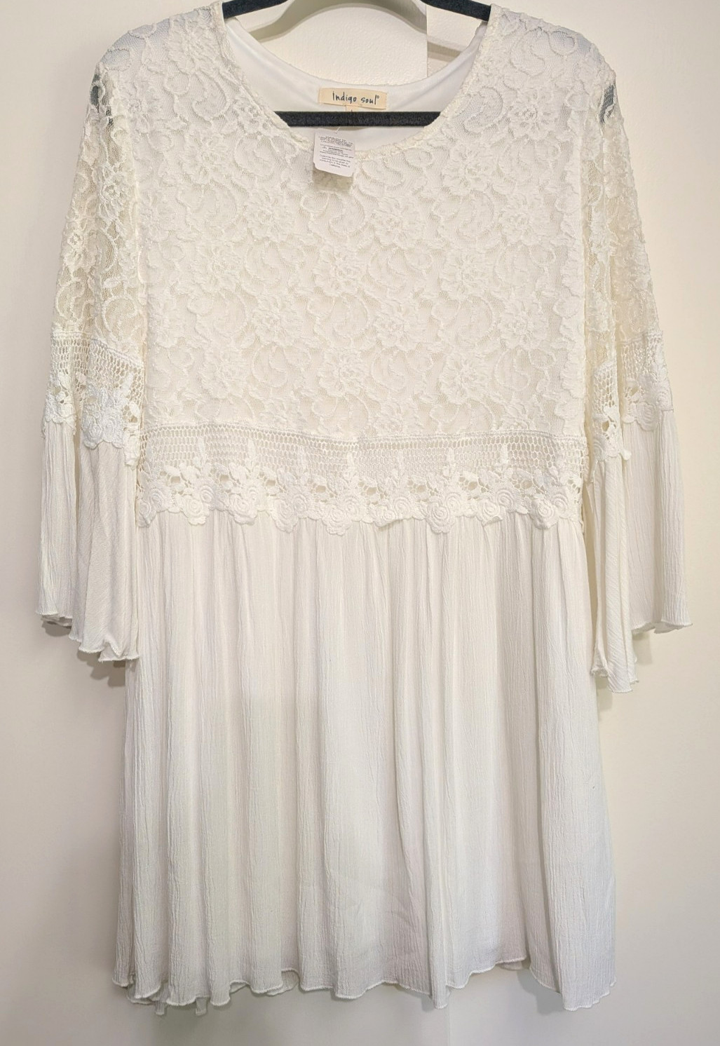 Lagenlook Boho Cottagecore Lacey Dress Ivory Indigo Soul Size L Flowy Romantic