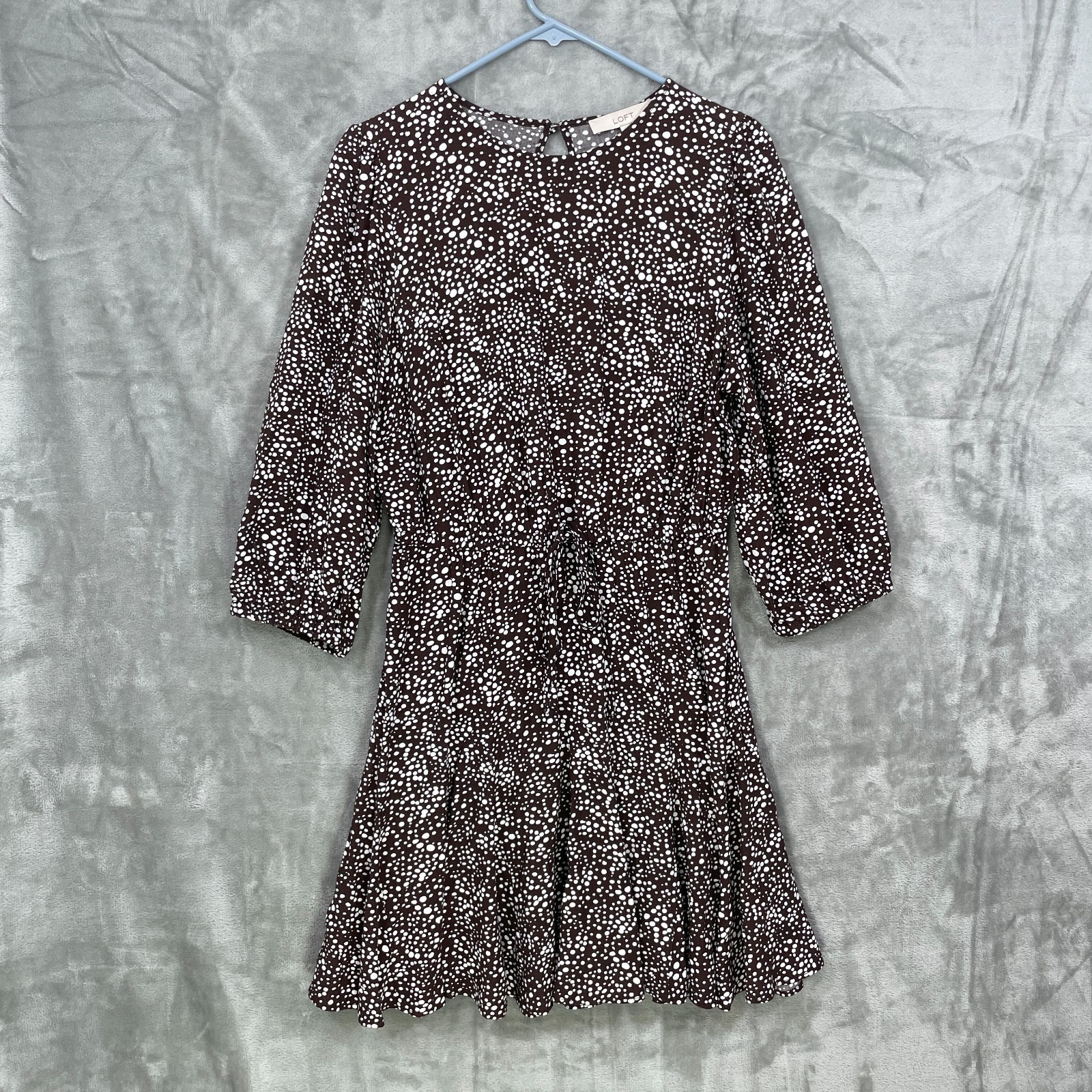 Loft Womens Size M Long Sleeve Dress Tie Waist Brown Dotted Viscose Open Back