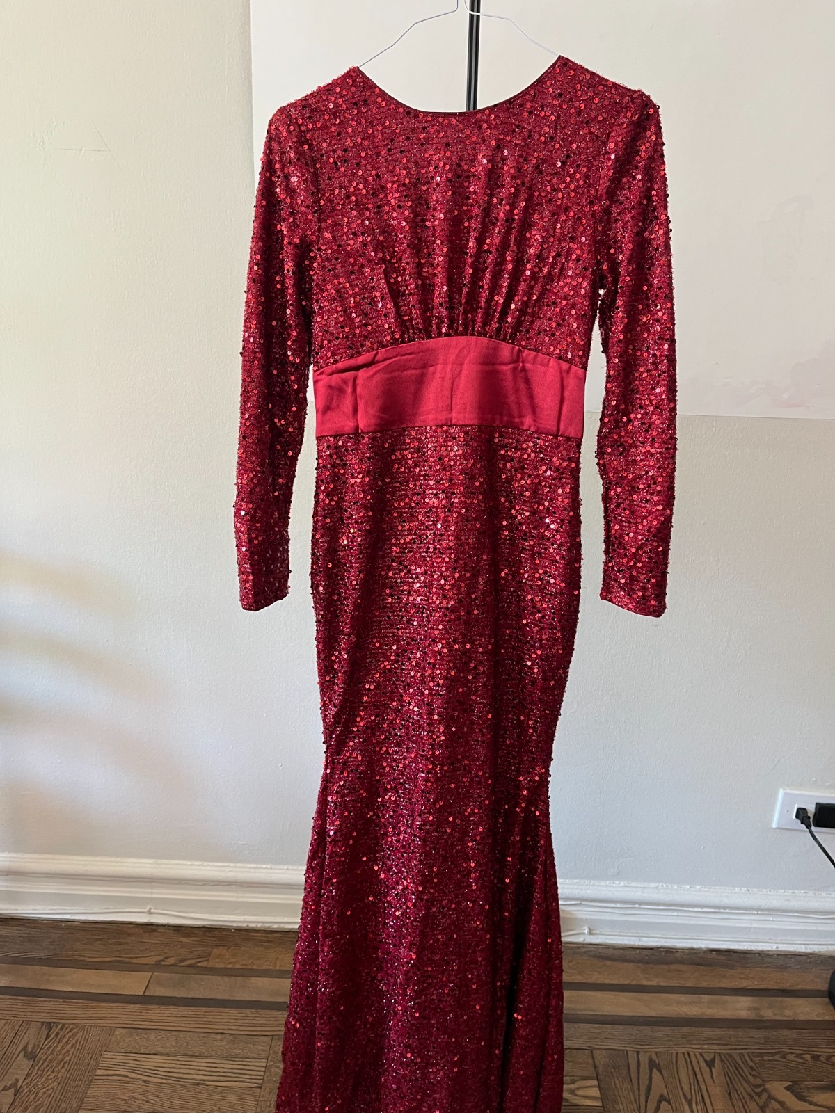 Burgundy Red Sequin Long Sleeve Mermaid Gown Low Back Satin Sash Formal Dress