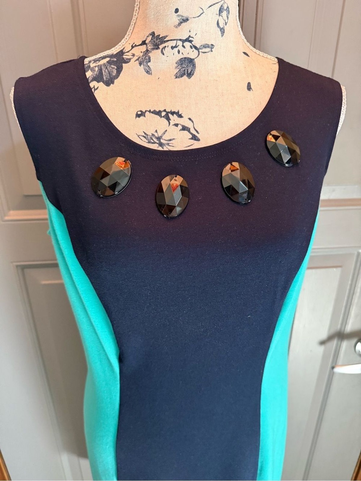 Enfocus Studio-Navy and Teal Jewel-Accent Sheath Midi Dress-slimming!
