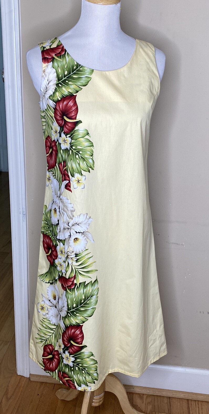KY’s Women’s Yellow Tropical Floral Anthurium Orchid Havaiian Midi Tank Dress M