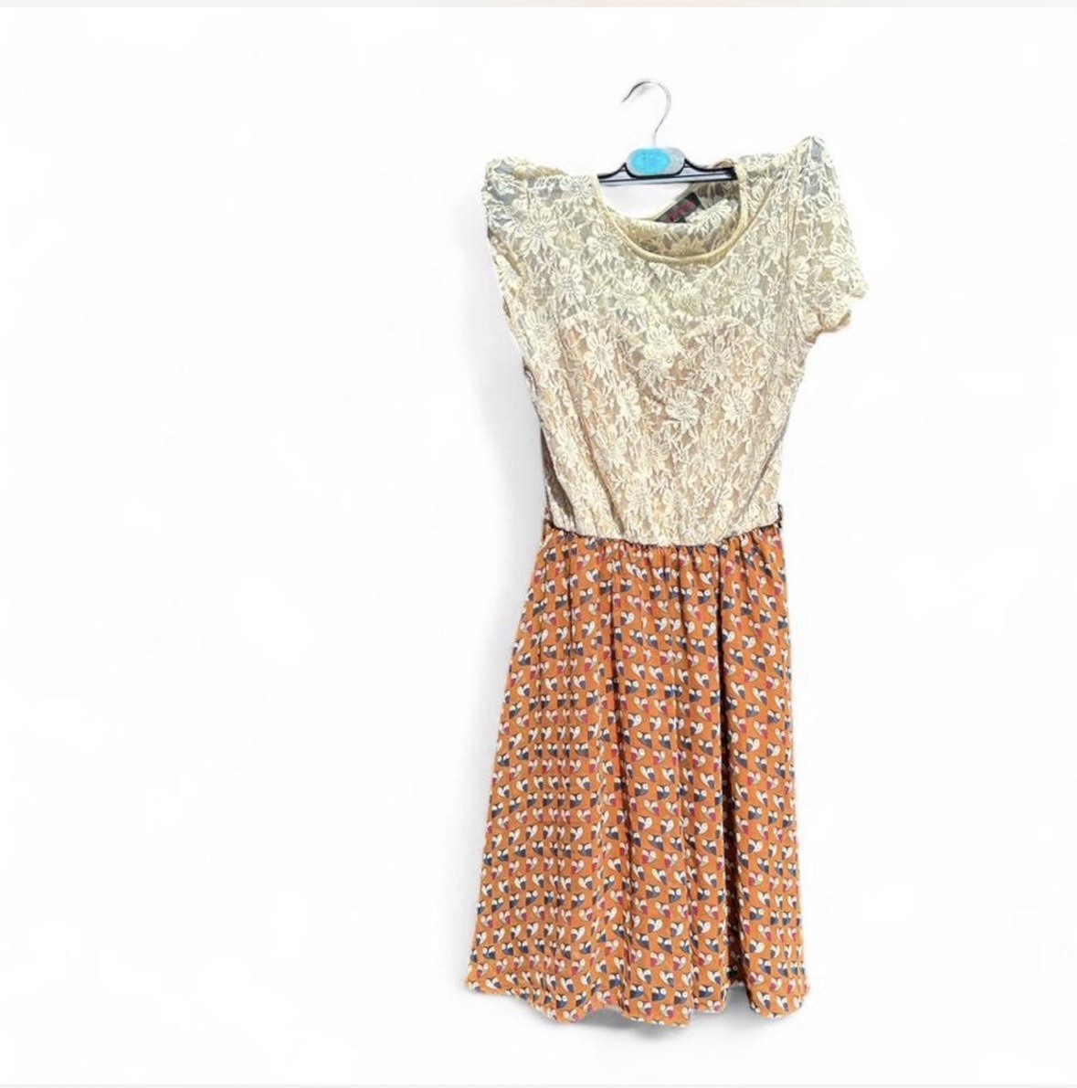 SM Wardrobe M/L Lace A-Line Short Sleeve Floral Geometric Dress Brown Beige