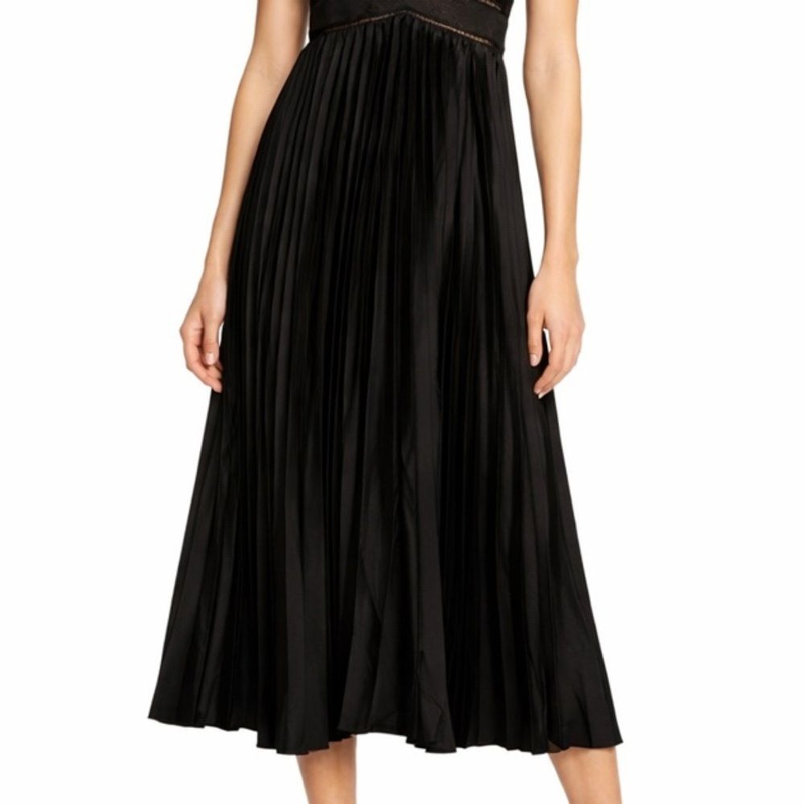 Saks Fifth Avenue Black Satin Pleated Midi Dress Spaghetti Strap V Neck Sz Small