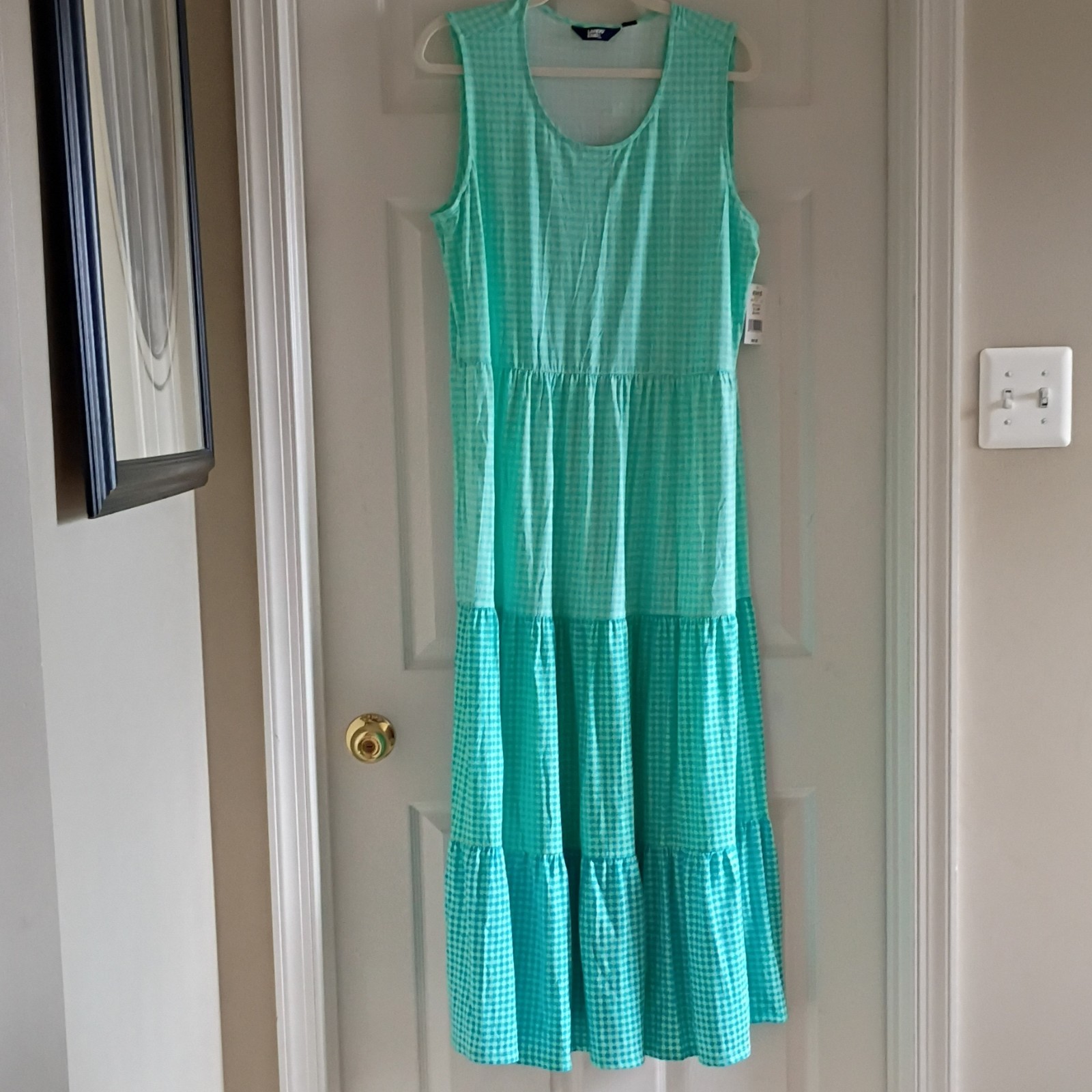 Lands’ End Women’s Petite L/P Green Blue Gingham Sleeveless Scoop Neck Midi
