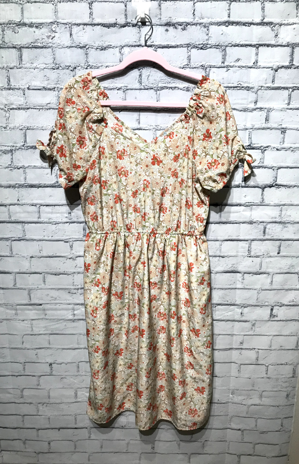 Downest, Women M, Beige Floral Short Sleeve Non-Stretch Cottagecore Dress