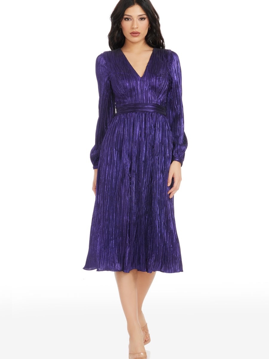 Dress the Population Holly Long Sleeve Metallic Plissé Dress Size M in Purple