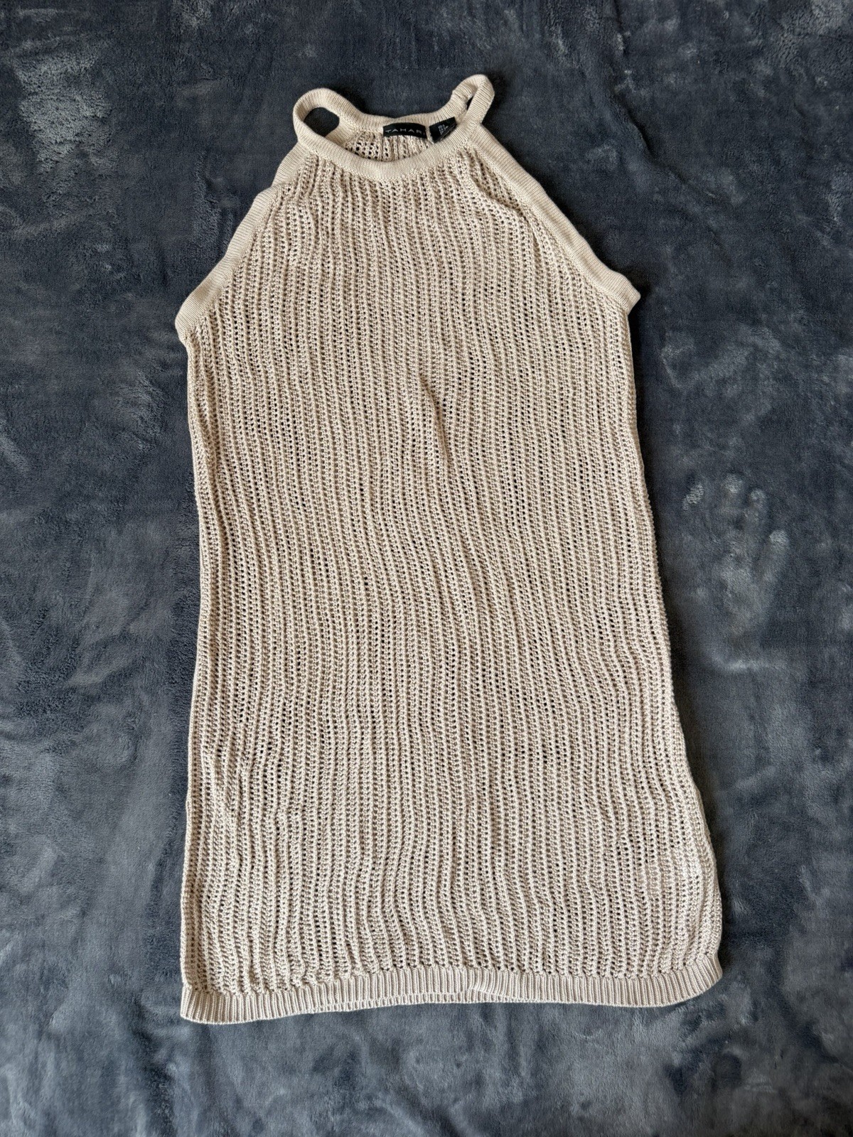 Tahari Beige Open-Knit Crochet Halter Cover-Up Women’s Dress – Size Small.