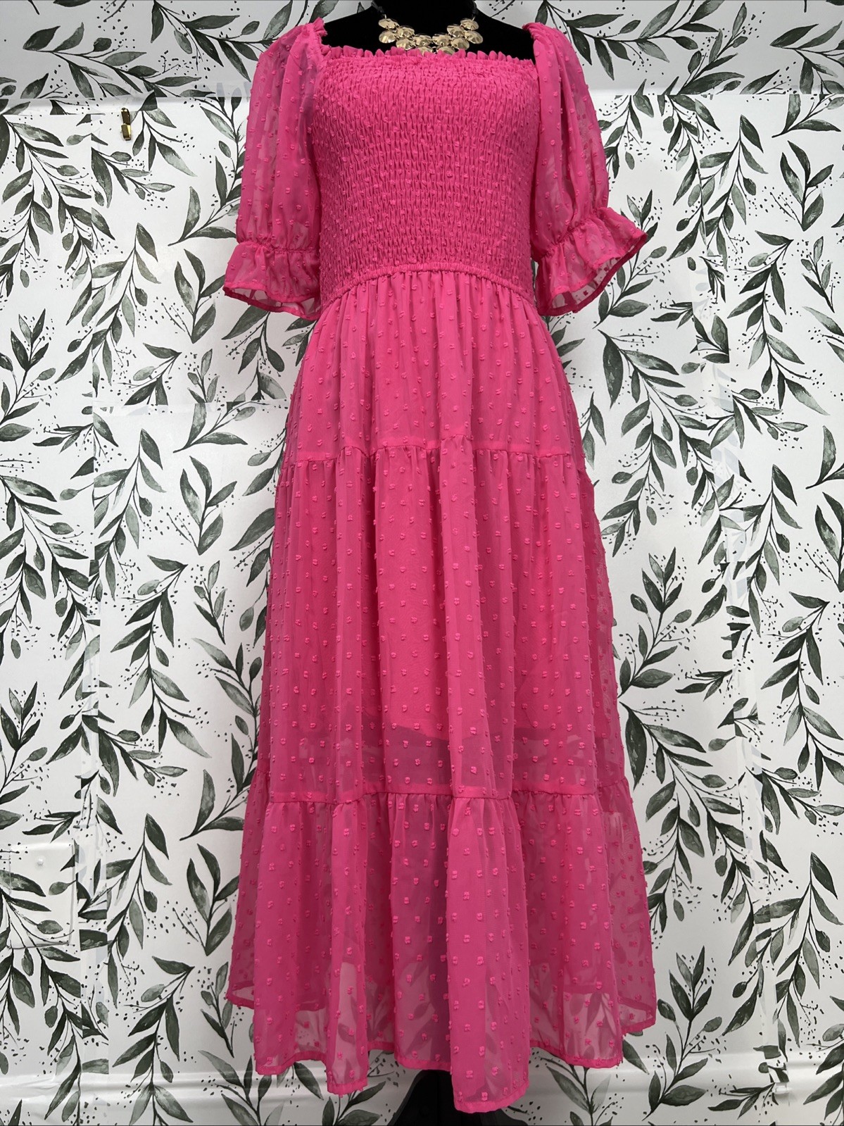 MEROKEETY Sz S Summer Square Neck Puff Sleeve Tie Back Swiss Dot Boho Midi Dress