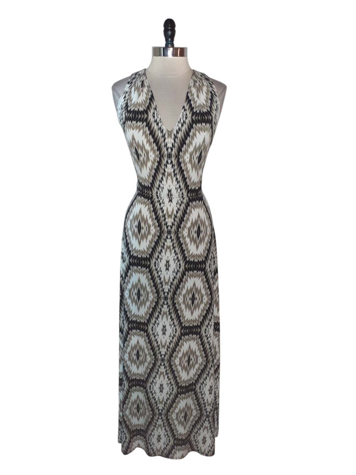 LONDON TIMES Size 14 Maxi Dress Black Brown White Sleeveless Stretch Knit