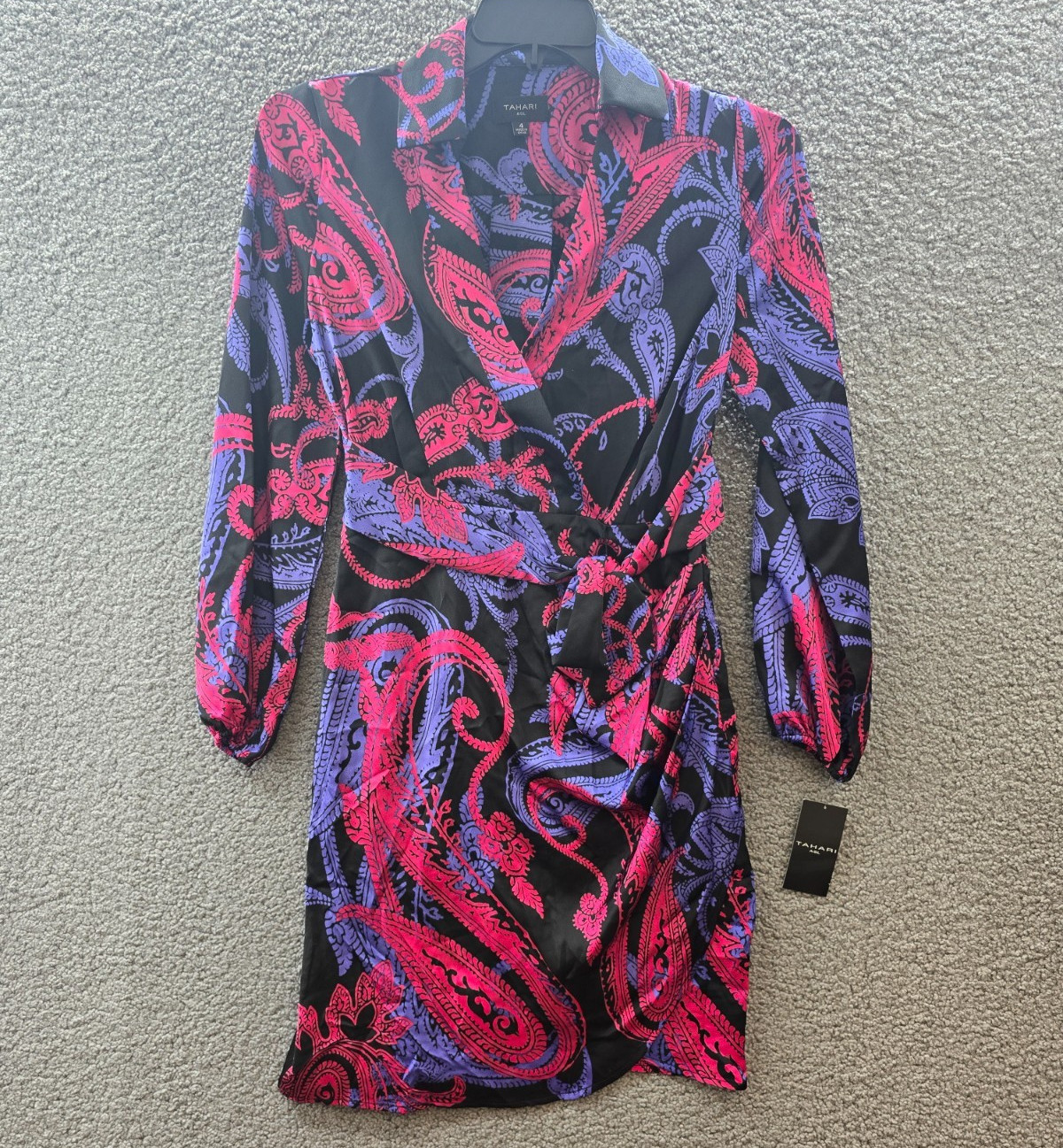 Tahari ASL Printed Faux-Wrap Dress Women’s 4 Black/Cobalt Multi Long Sleeve