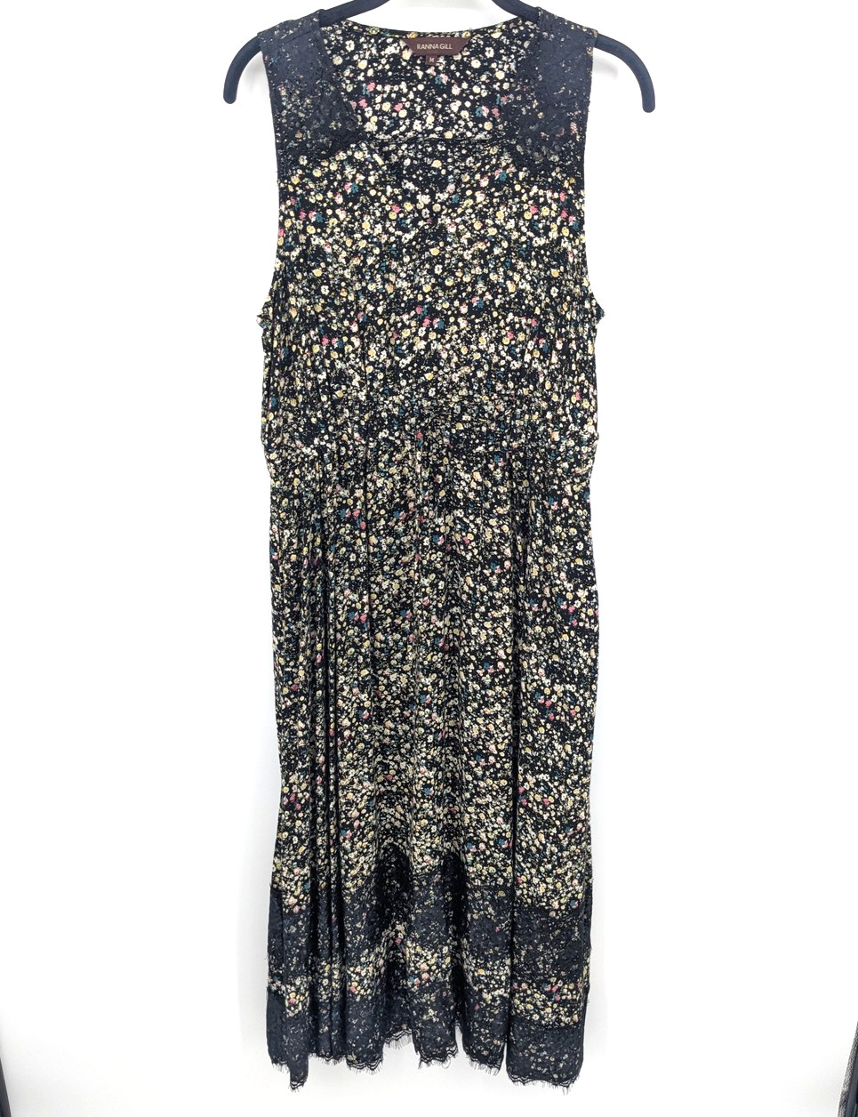Ranna Gill Dress Womens Medium Black Floral Sleeveless Boho Midi Lace Trim Rayon