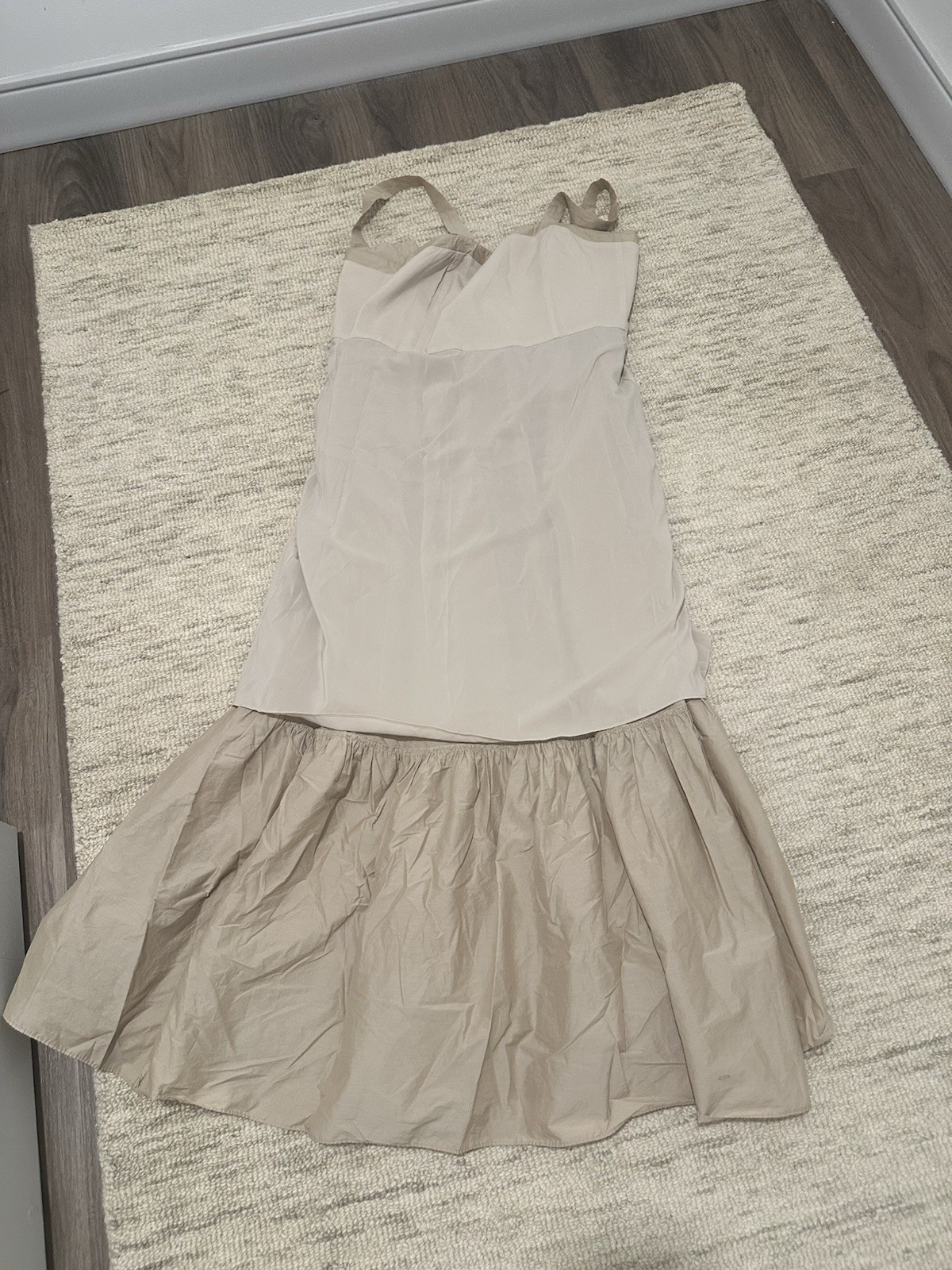 Theory Women’s 4 Beige Solid Poplin Midi Dress Sleeveless Straps V-Neck