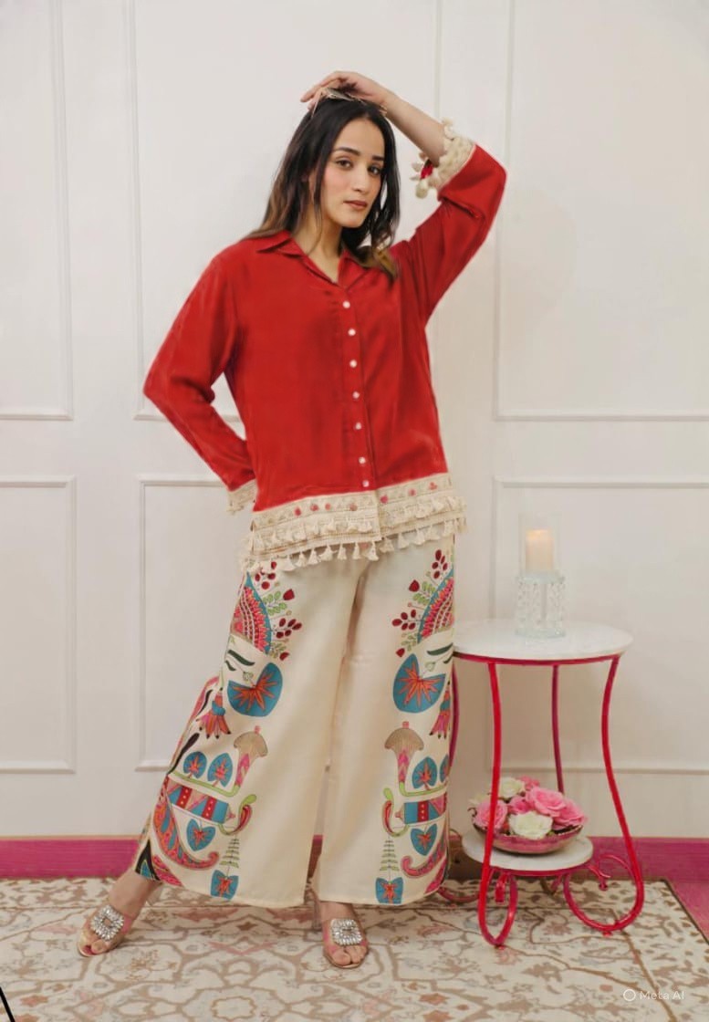 Women’s Boho Co-Ord Set Shirt & Printed Wide Leg Palazzo Pants 3 Colors Cotton