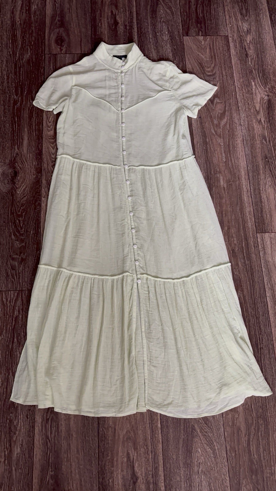 Rag & Bone Libby Tiered Seam Crinkle Dress Short Sleeve Flowy Midi Green Medium