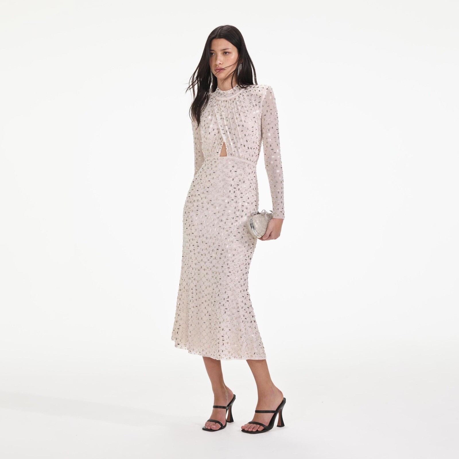 self portrait CHAMPAGNE RHINESTONE MESH MIDI DRESS $700 UK 6，US2