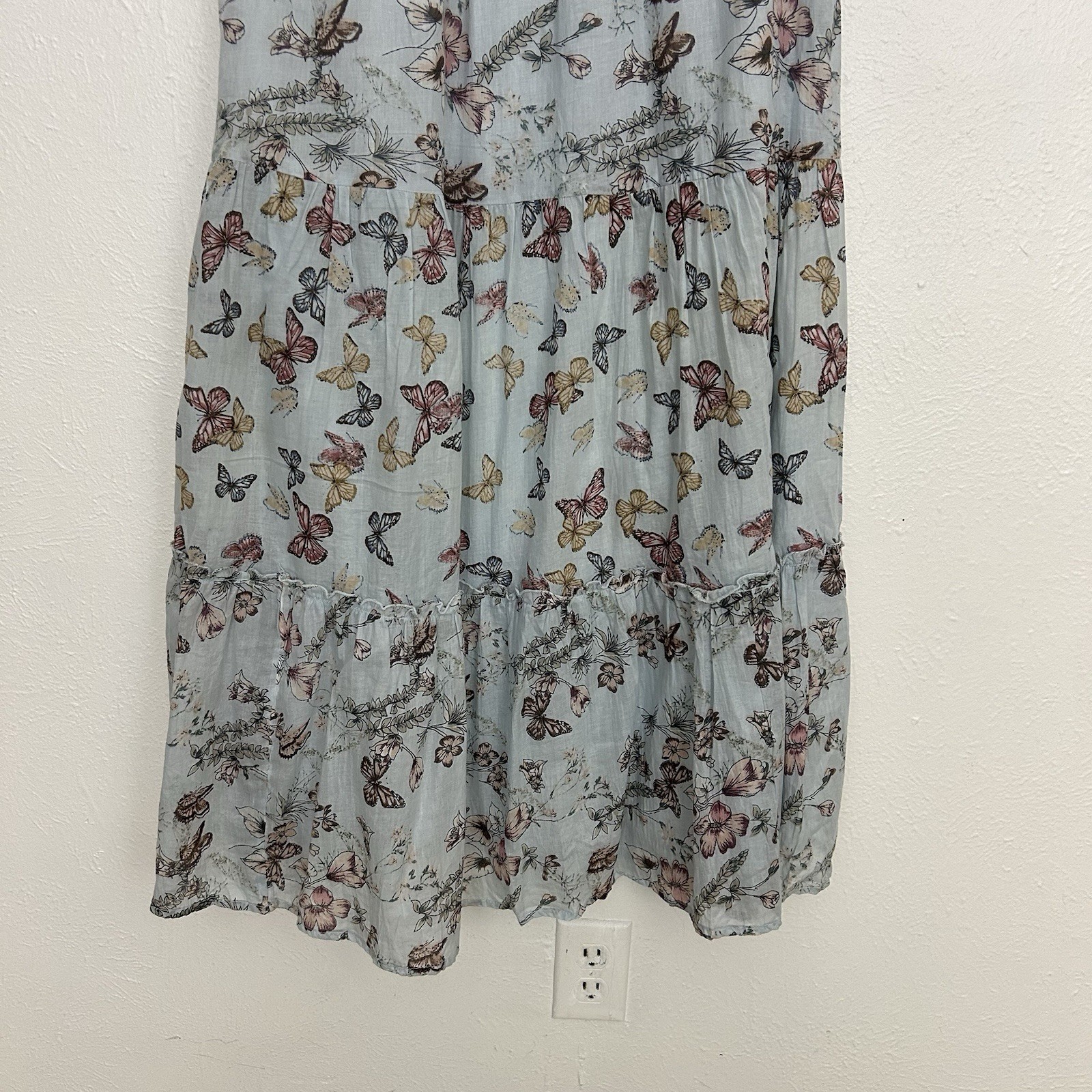 Mile Gabrielle Blue Butterfly Floral Tiered Dress Size S Lace Neck Sleeveless