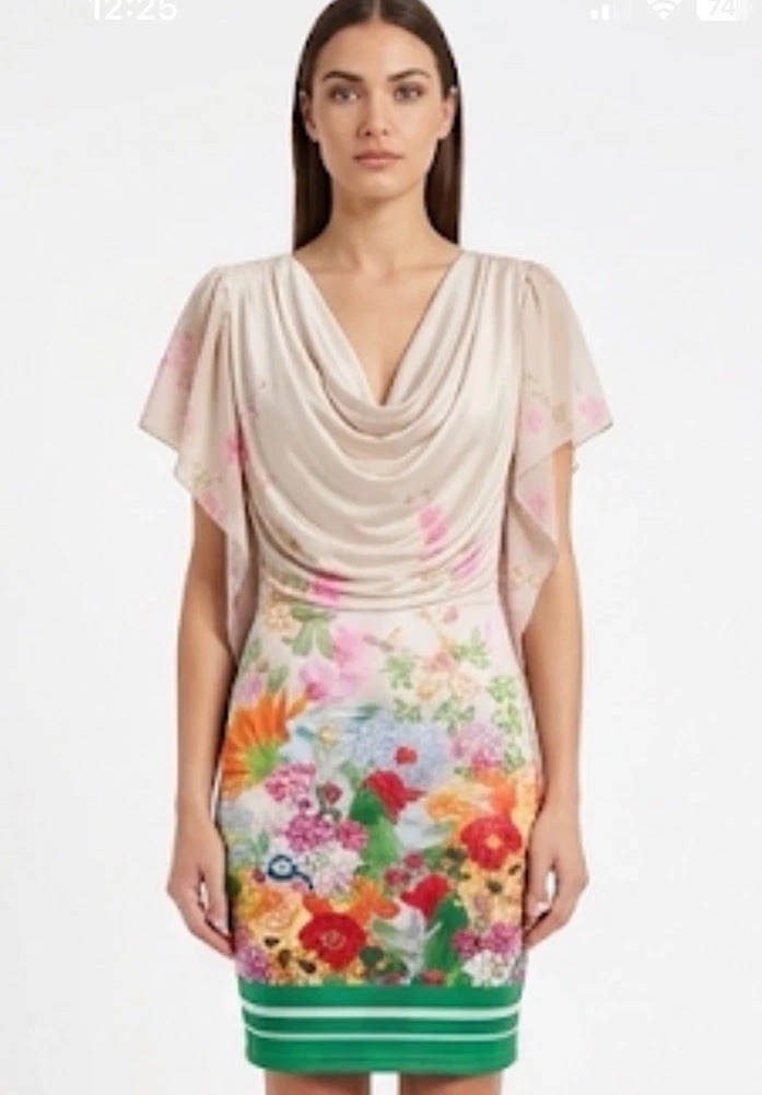 BLUMARINE Floral Satin Cowl Neck Dress Flutter Sleeve Cocktail Sz M 6