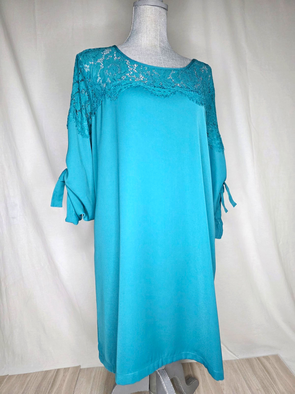 YOINS Womens Teal Solid Lace Yoke Shift Dress L 3/4 Sleeve Round Neck Sheer