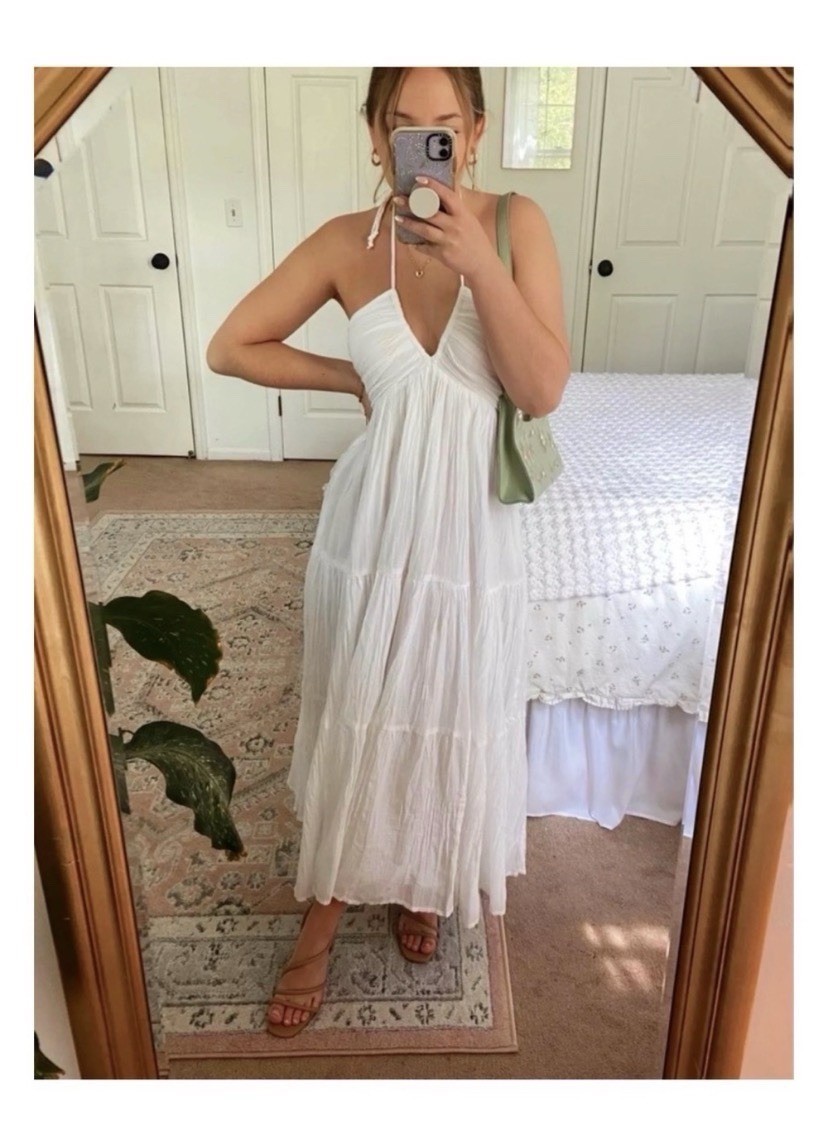 American Eagle White Tiered Midi Cut Out Back Halter Dress Size Small