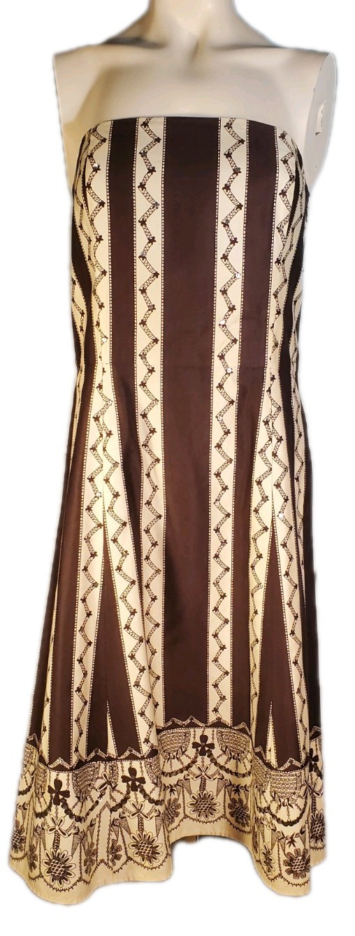 Strapless beige & brown vertical stripe intricate embroidery Sz 6 Ann Taylor