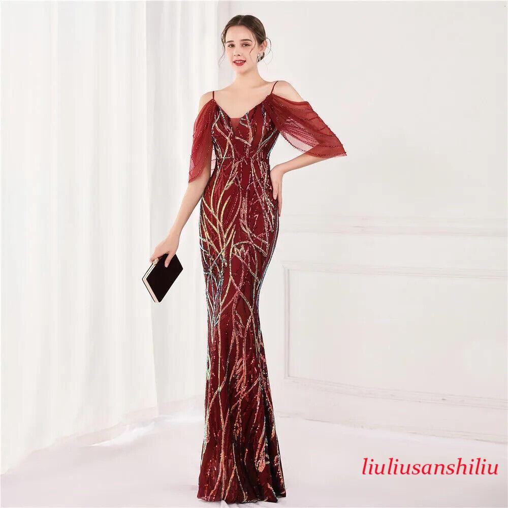 Women’s Wedding Elegant Beading Evening Green Sequin Strap Maxi Long Prom Dress