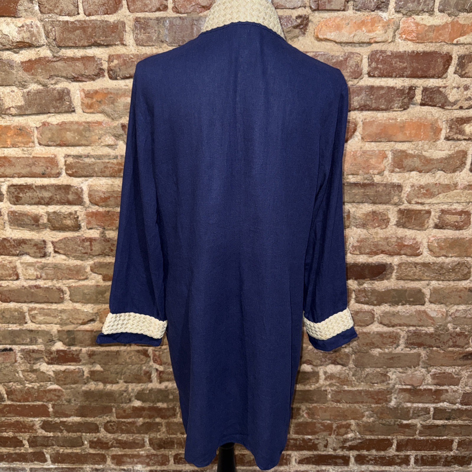 Sail to Sable Navy Blue linen Gold Embroidered Collar Cuff Tunic Dress Sz L EUC